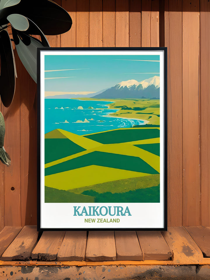 Kaikoura Peninsula travel poster depicting the vibrant wildlife and serene scenery of New Zealand perfect for creating a focal point in your home ideal for those who appreciate nature travel and art