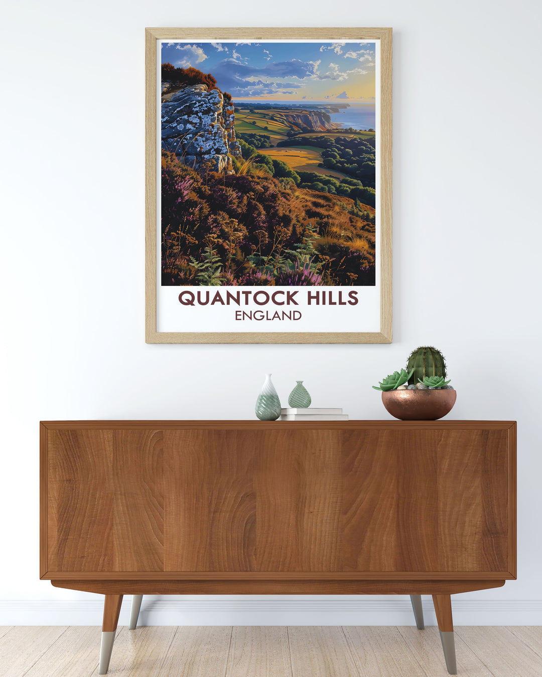 Wills Neck artwork illustrating the stunning views of Quantock Hills and Somerset AONB a beautiful and elegant travel poster print that enhances any room with its vibrant colors and intricate details of Vale Taunton Deane and Quantock Heath.