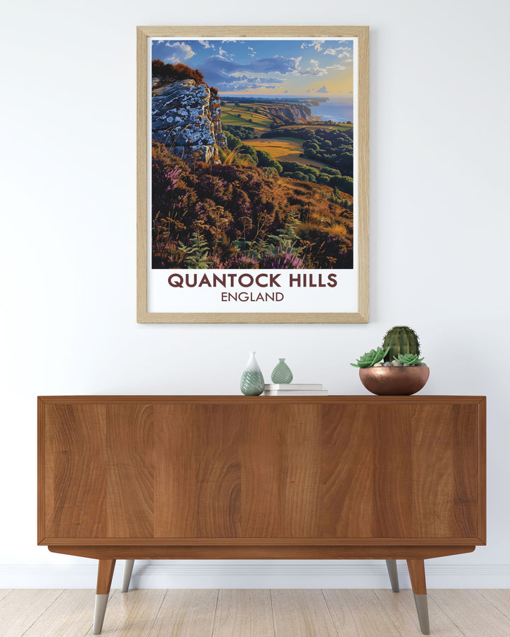 Wills Neck artwork illustrating the stunning views of Quantock Hills and Somerset AONB a beautiful and elegant travel poster print that enhances any room with its vibrant colors and intricate details of Vale Taunton Deane and Quantock Heath.