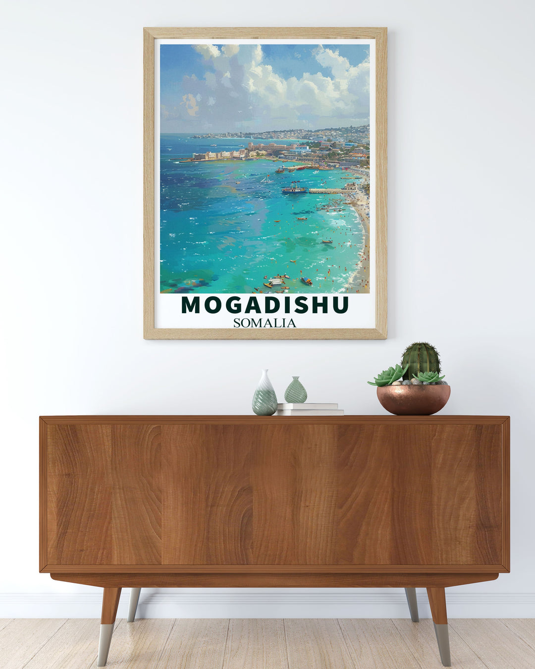 This travel poster highlights the dynamic culture of Mogadishu, inviting viewers to experience the vibrant beach scenes and lively atmosphere of Somalias capital city.
