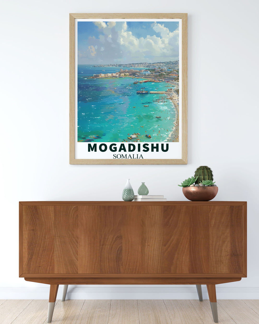 Experience the calm beauty of Somalias Lido Beach with this stunning travel poster. Its intricate details and vibrant colors offer a visual escape to Africas serene coastlines, perfect for your home décor or as a unique gift idea.