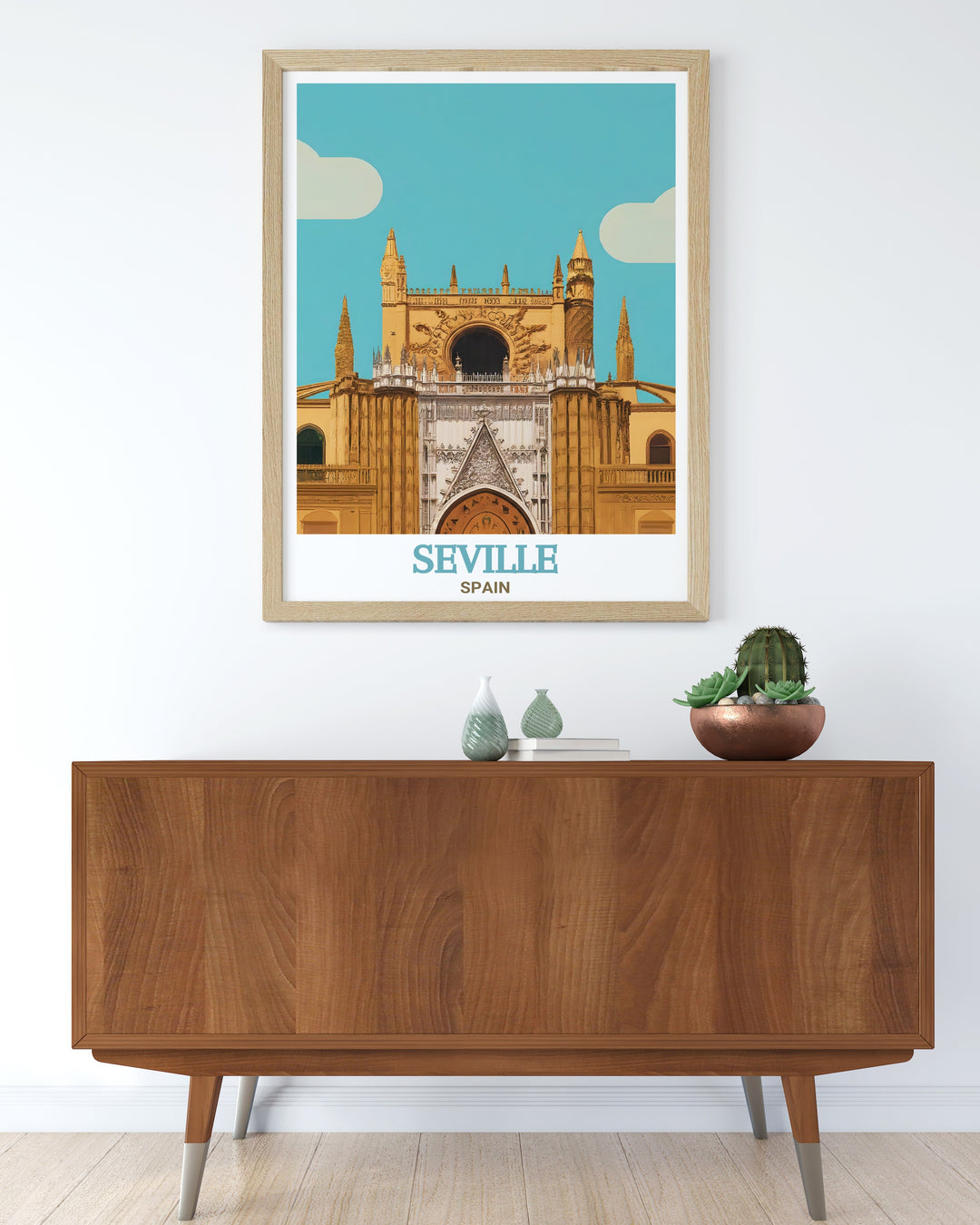 Seville Cathedrals Gothic splendor is highlighted in this elegant Seville Poster. The intricate stonework and historic charm of the landmark make this a perfect piece for those who love Spains rich history and breathtaking architecture.