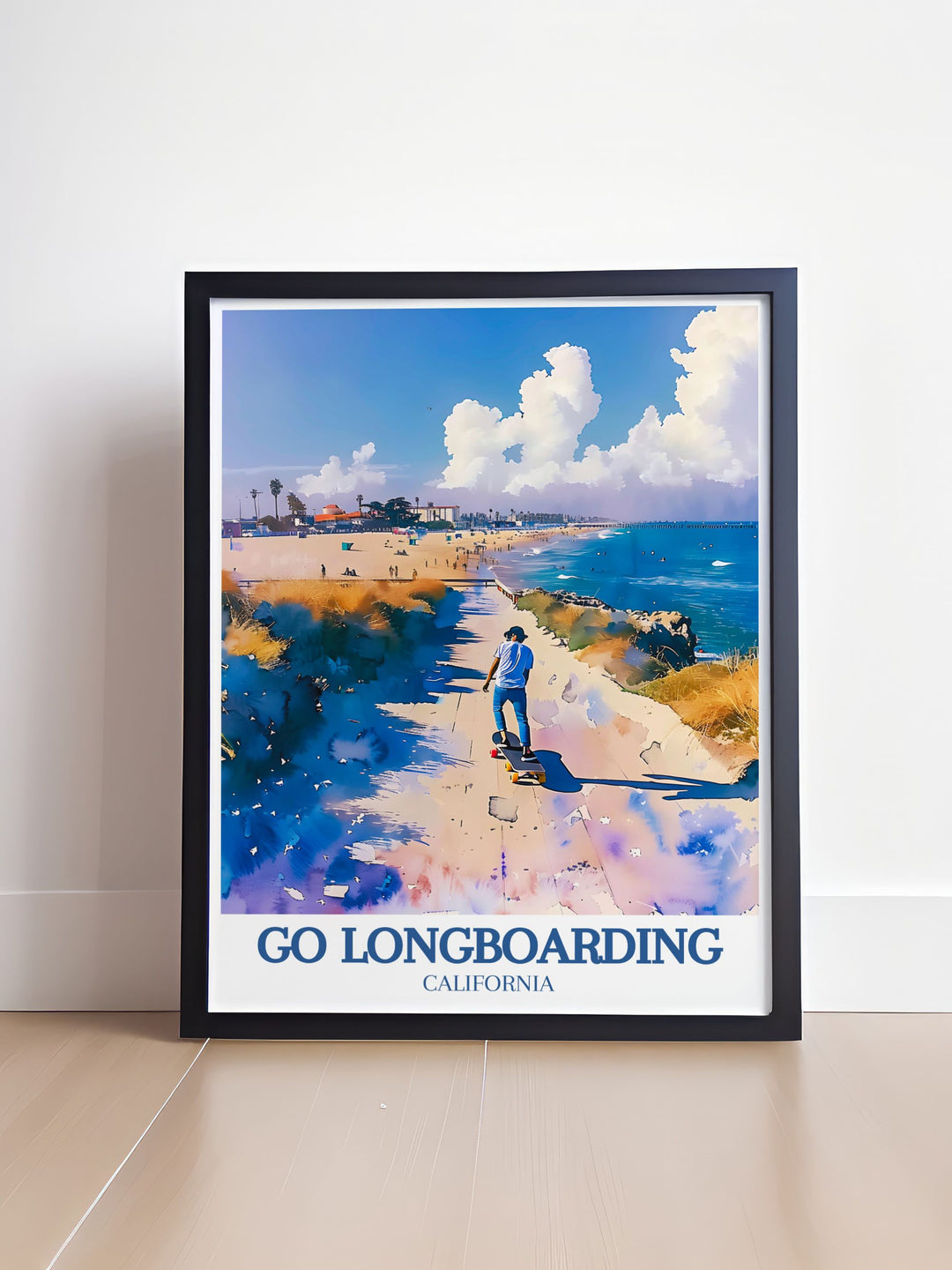 Celebrate the energy of Venice Beach with this Skating Poster, showcasing longboarders cruising along the famous Venice Beach Boardwalk, with Muscle Beach in the distance. A must have for anyone who loves Californias skateboarding culture.