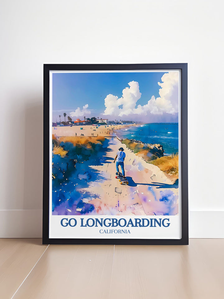 Celebrate the energy of Venice Beach with this Skating Poster, showcasing longboarders cruising along the famous Venice Beach Boardwalk, with Muscle Beach in the distance. A must have for anyone who loves Californias skateboarding culture.