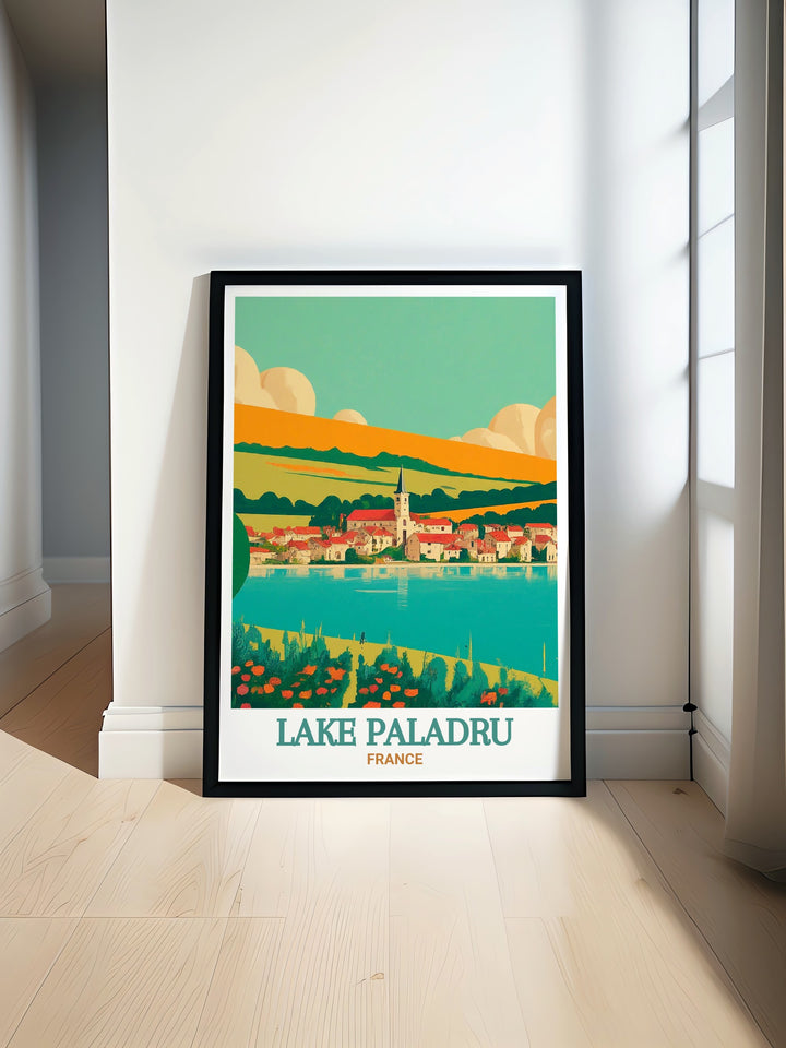 A detailed art print of Lake Paladru, showcasing its tranquil blue waters and the surrounding French countryside. This print captures the lakes serene beauty, making it a perfect addition to any room in need of a calming influence and a touch of natural elegance.