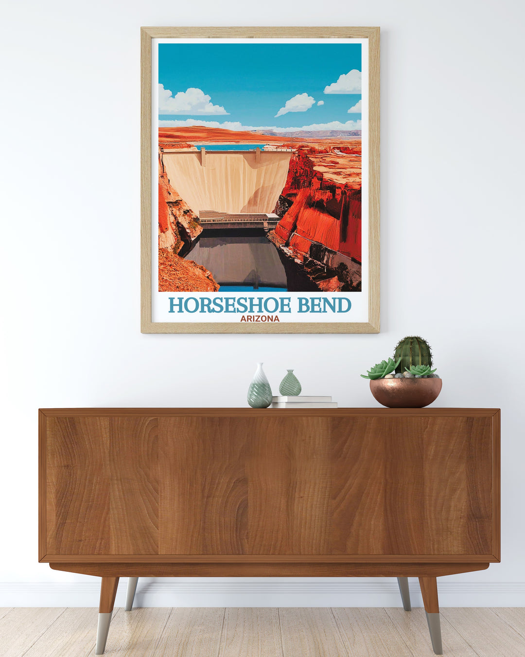 Celebrate the natural and human made beauty of Arizona with this wall poster featuring Horseshoe Bend and Glen Canyon Dam, ideal for anyone who loves National Park prints and American landmarks.