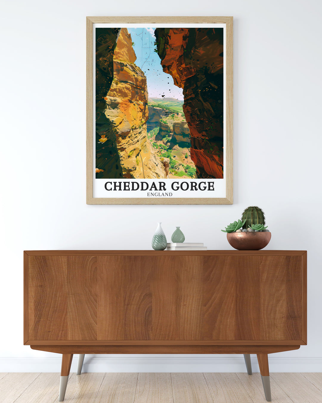 A vintage travel poster featuring the world renowned Cheddar show caves and the breathtaking cliffs of Cheddar Gorge, capturing the natural beauty of Somersets Mendip Hills for any lover of British landscapes.