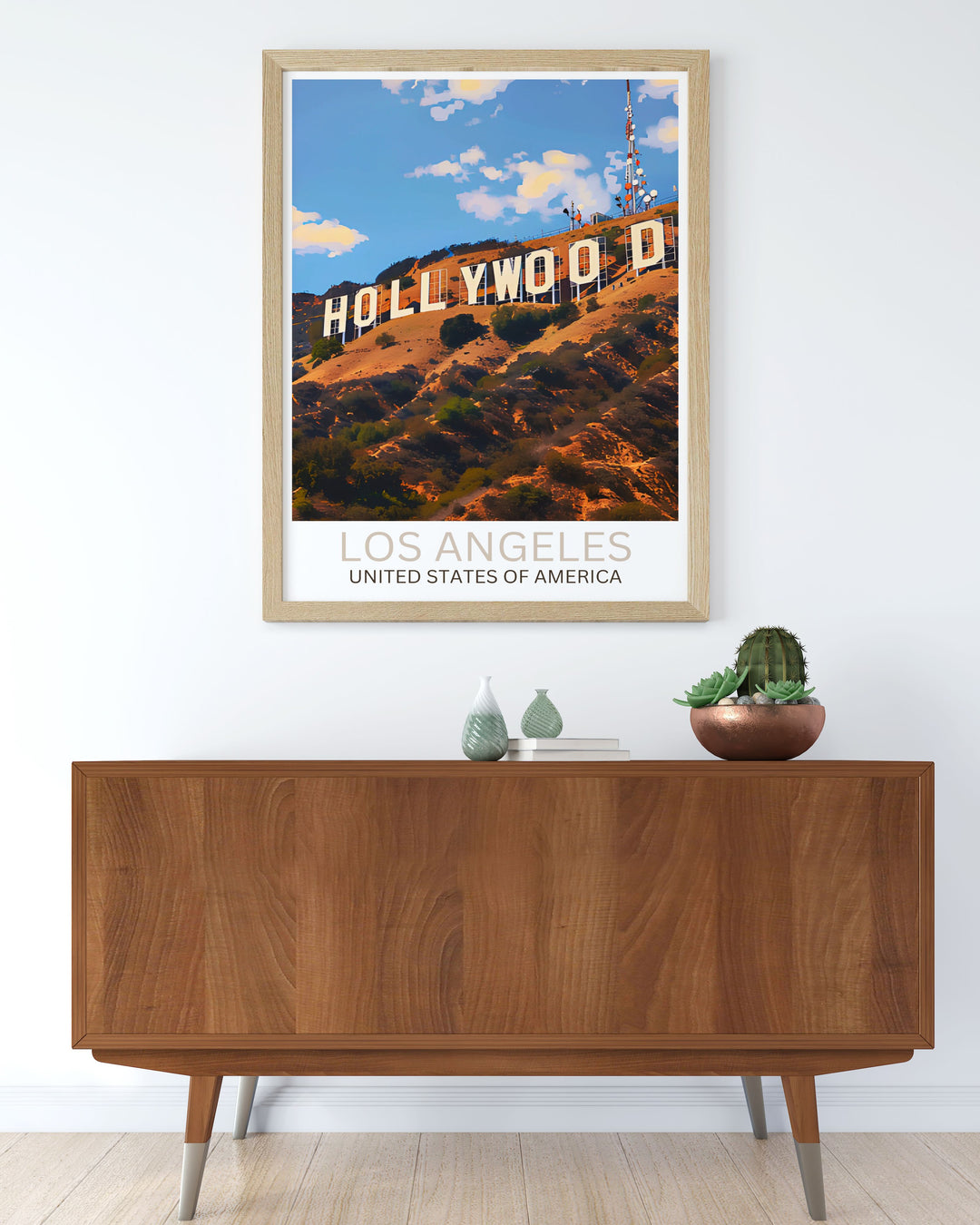 Los Angeles Travel Print highlighting the iconic Hollywood Sign in a modern and elegant style. Perfect for home decoration or as a thoughtful gift for anyone who loves travel and California.