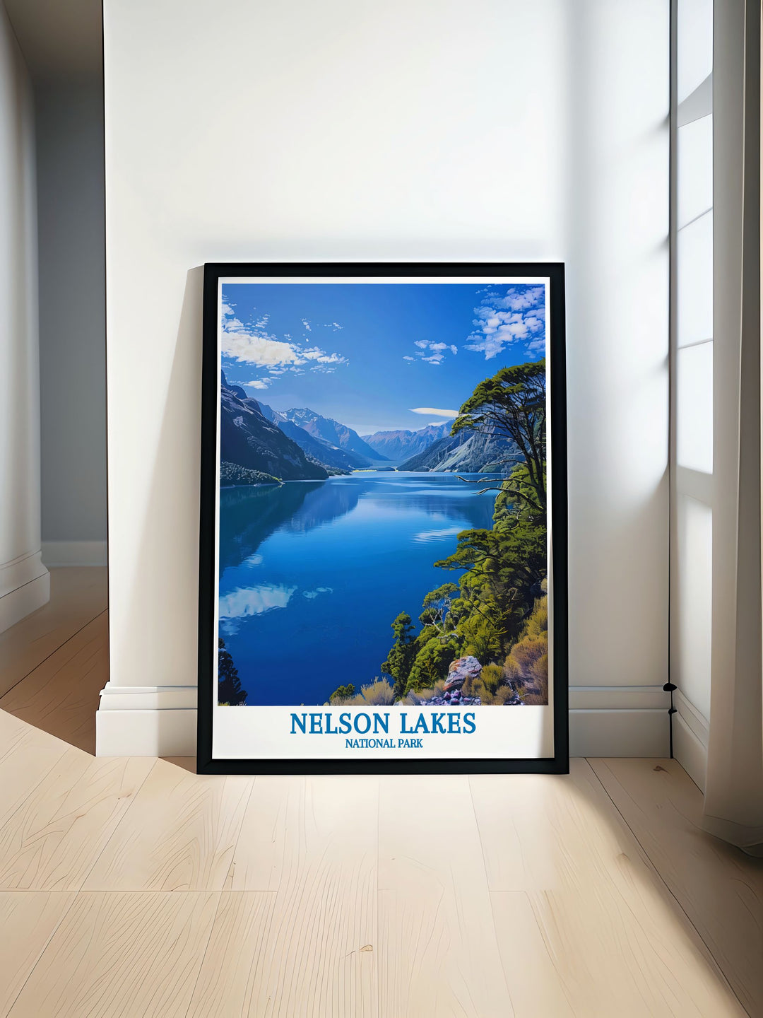 Vibrant Nelson Lakes National Park travel poster showcasing the stunning landscapes and pristine lakes of New Zealands South Island, perfect for home decor and nature enthusiasts seeking to bring the beauty of New Zealand into their living spaces.