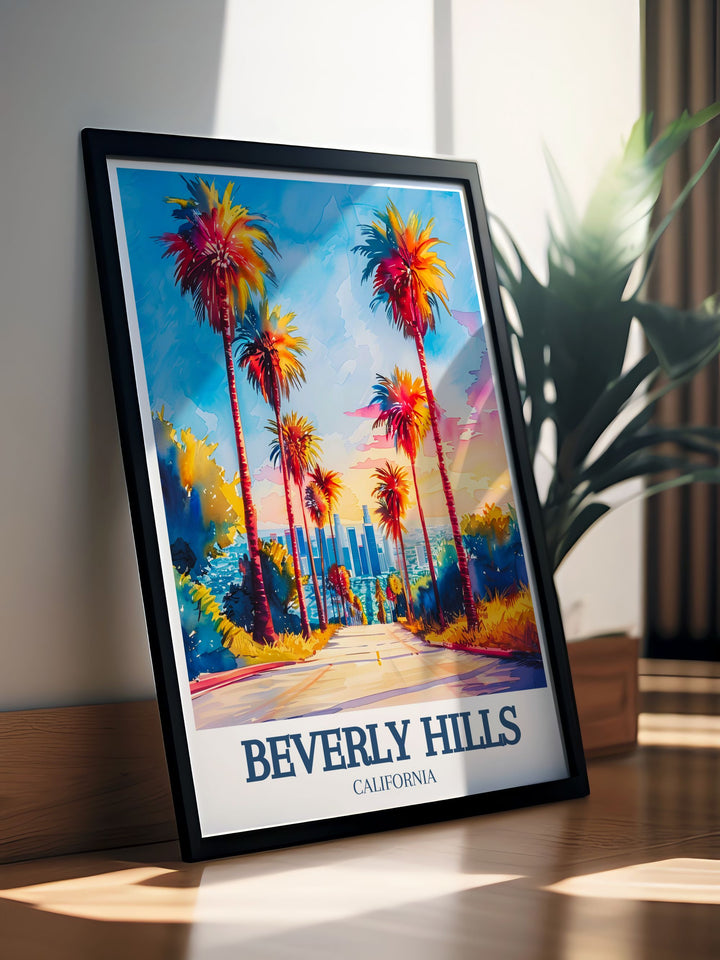 Elegant California wall art depicting Sunset Boulevard and the Los Angeles cityscape, showcasing Beverly Hills glamorous and architectural beauty. Perfect for adding sophistication and a touch of luxury to any room.