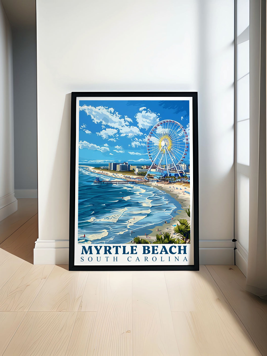 Myrtle Beach Print featuring a black and white SkyWheel scene perfect for adding elegance to any room with fine line details and a unique city map design