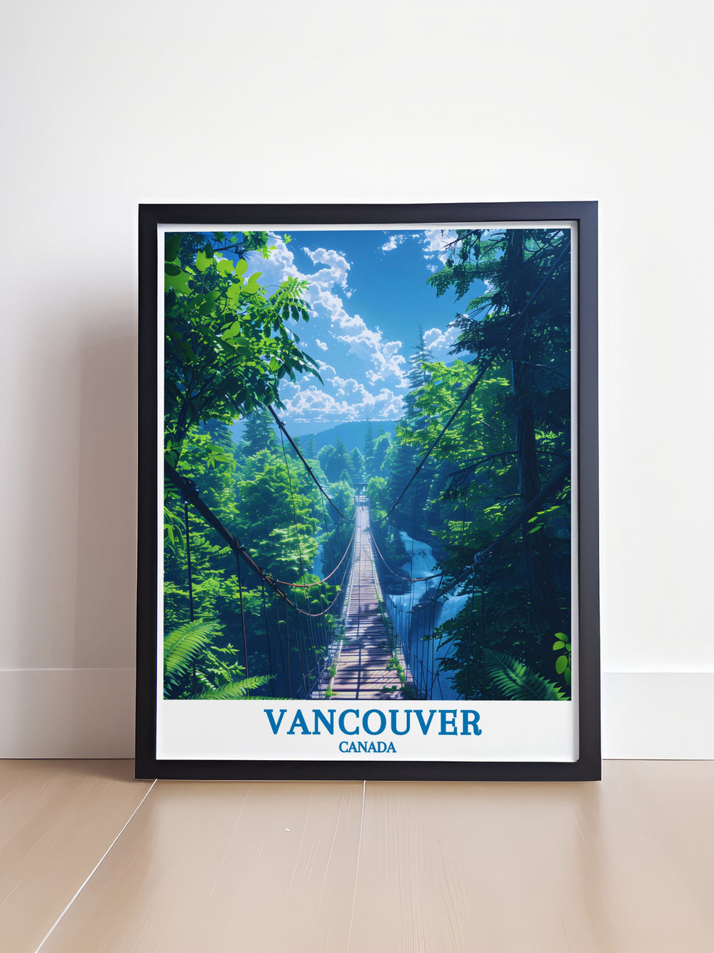This vibrant illustration showcases the Capilano Suspension Bridge surrounded by the dense rainforest of the Capilano River Regional Park. An ideal piece for nature lovers, it beautifully captures the serene and adventurous spirit of Vancouvers famous bridge.