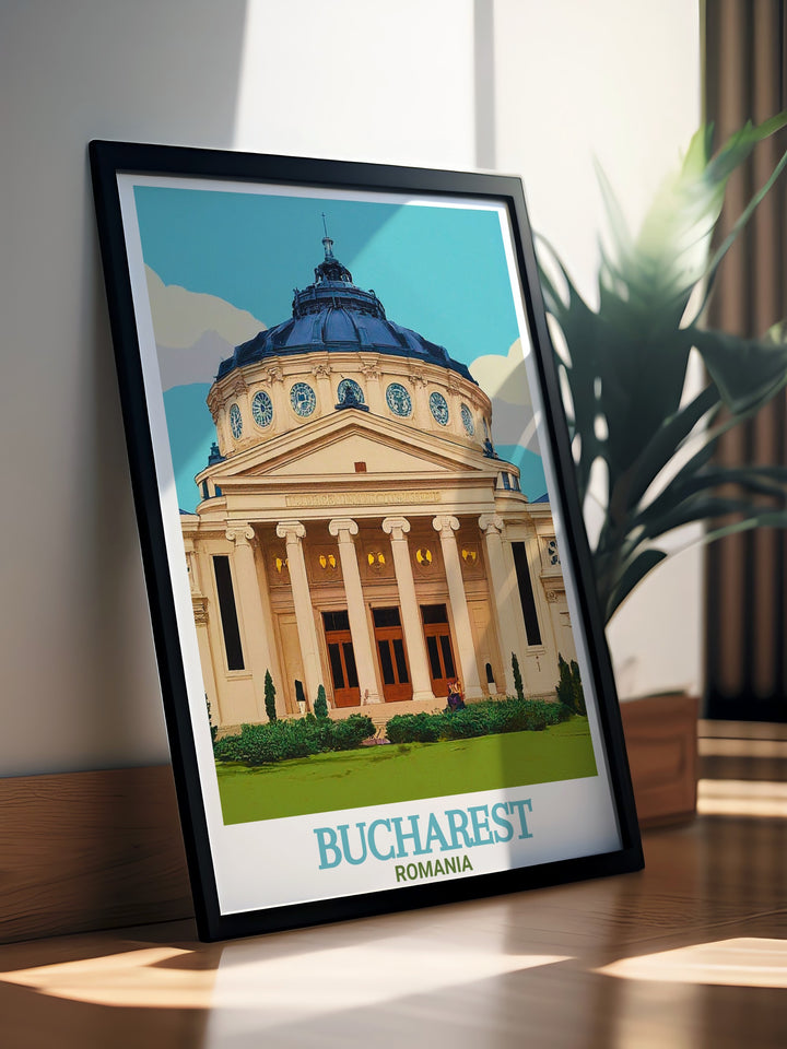 The Romania map and Bucharest cityscape are beautifully captured in this travel poster, with the Romanian Athenaeum taking center stage. This canvas art highlights the architectural and cultural charm of Romania, perfect for travelers and art lovers alike.