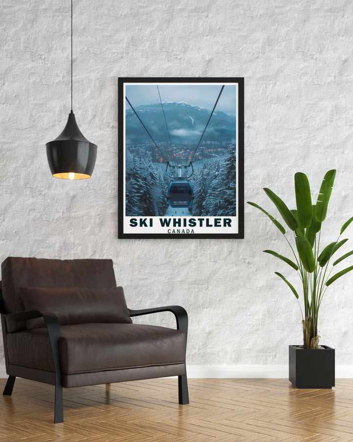 Whistler Ski Resort is beautifully illustrated in this poster, highlighting its dynamic slopes and pristine snow, making it an excellent addition for anyone who dreams of an exhilarating winter escape.