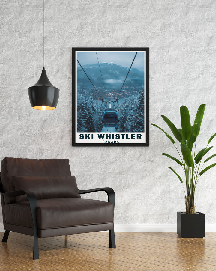 This Whistler ski art print captures the majestic beauty of the resorts towering peaks and the Peak 2 Peak Gondola. The perfect gift for ski lovers, this poster combines the thrill of skiing with the tranquility of Canadas natural wonders.