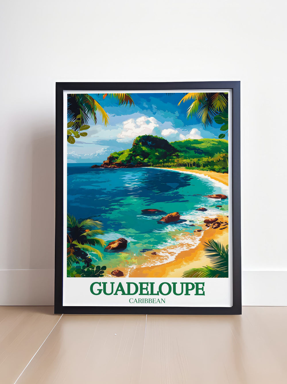 Highlighting the tropical allure of Guadeloupe, this travel poster features its lush landscapes and vibrant culture. Ideal for travelers and nature enthusiasts, this artwork brings the beauty and charm of the Caribbean islands into your living space.