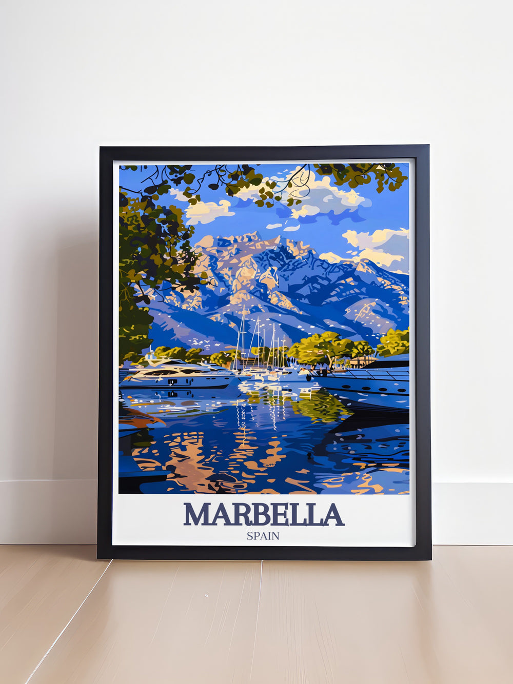 Stunning Marbella poster featuring Puerto Banus marina and La Concha mountain ideal for adding a touch of elegance to any living room decor with its breathtaking views