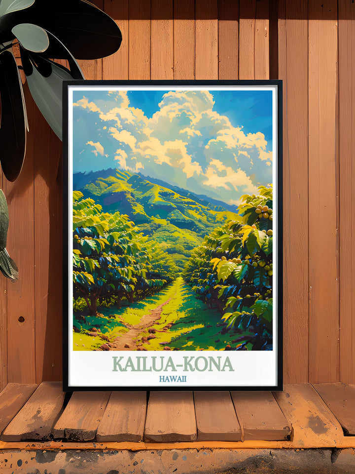 A vibrant travel print featuring Kailua Kona, highlighting its stunning beaches and historical landmarks. The colorful illustration celebrates the rich history and cultural heritage of this Hawaiian town.