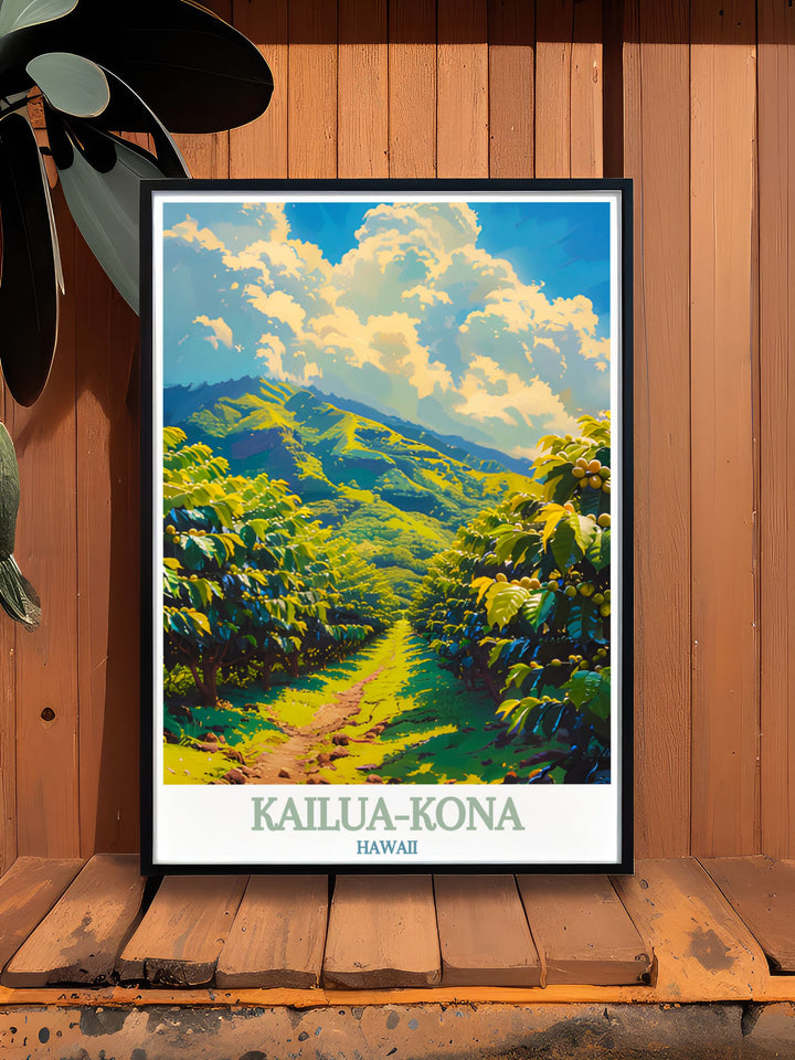 Celebrate the beauty of Hawaii with this Kailua Kona and Kona Coffee Farms poster. Perfect for home or office décor, this artwork brings the serene landscapes and rich coffee culture of Hawaii into your space.