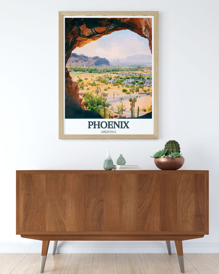 Phoenix Art Print highlighting the majestic Hole in the Rock and the sprawling desert of Papago Park. This wall art brings Arizonas natural wonders into your home, perfect for adding a touch of desert adventure to any room.