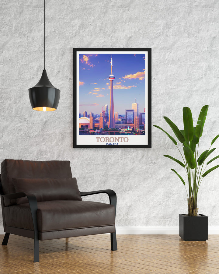 Our Toronto travel print showcases the famous Royal Ontario Museum alongside the citys skyline. Ideal for fans of Canadian culture, this framed art piece offers a vibrant and stylish representation of Torontos unique blend of history and contemporary life.