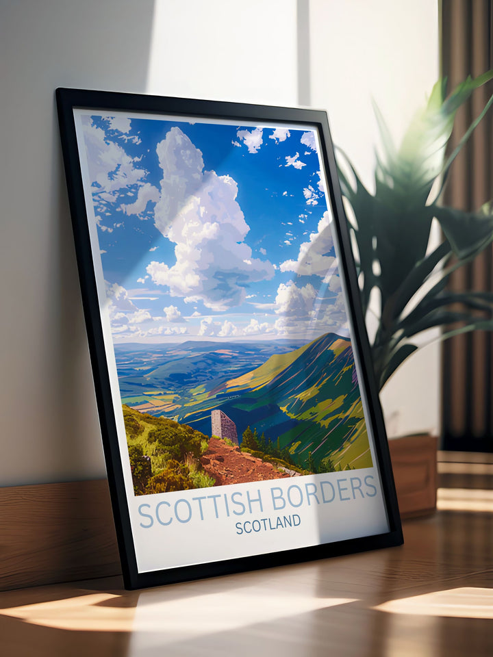 Bring the timeless charm of the Eildon Hills into your home with this elegant poster Showcasing the natural beauty of the Scottish Borders this artwork is perfect for modern decor themes and adds a touch of Scottish history to your living room or study