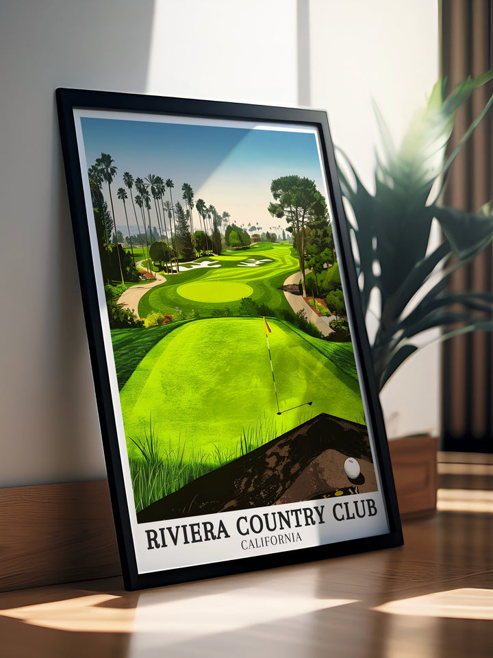 The Riviera Country Club 1st tee travel poster offers a striking visual of one of golfs most iconic starting points, surrounded by the stunning landscape of Pacific Palisades. This artwork brings the beauty of the course into your home, ideal for golf enthusiasts.