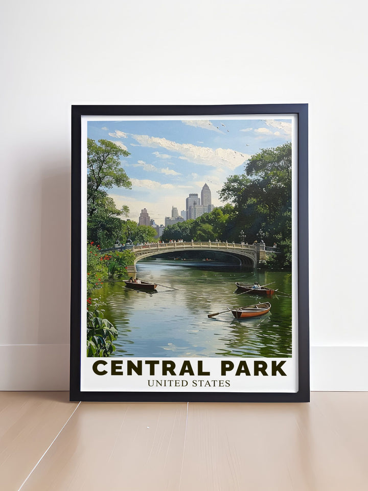 This poster artfully depicts Bow Bridge and its role as a beloved landmark in Central Park, offering a perfect blend of architectural marvels and scenic landscapes for your decor.