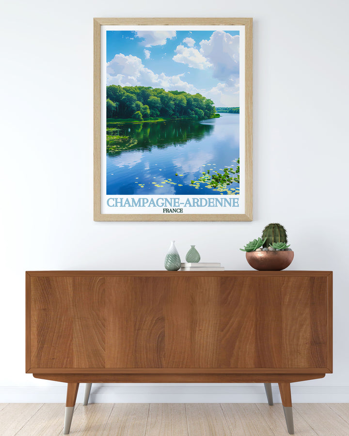 France travel print featuring the picturesque Parc Naturel Regional de la Foret d Orient and its charming surroundings. This modern art piece is ideal for adding a touch of French elegance to your home, making it a great gift for any occasion.