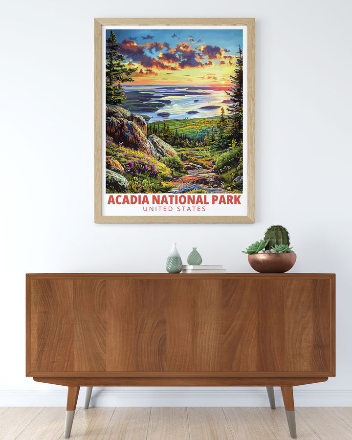 Acadia National Park print showcasing the iconic Cadillac Mountain in a vibrant and elegant design. This national park wall art makes a great addition to any home or office setting with its stunning nature inspired details.