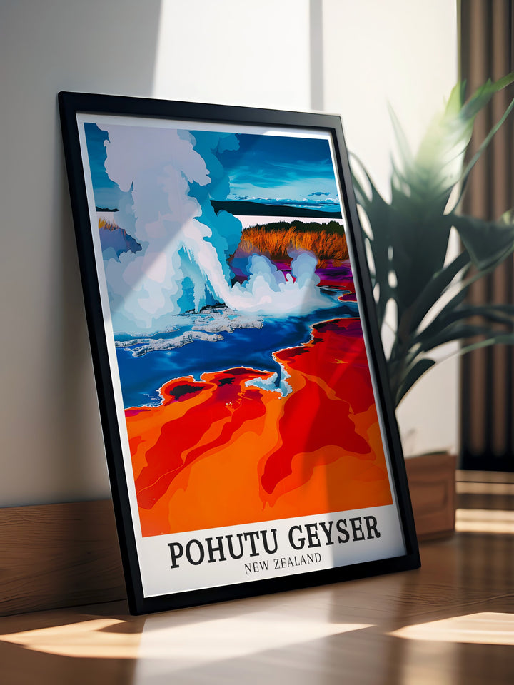 Capture the essence of Rotoruas geothermal wonders with this poster of Pohutu Geyser. Erupting up to 30 meters high, this travel art print displays the geysers strength, combined with Te Puias vibrant Maori cultural significance, making it ideal for home decor or a thoughtful gift.