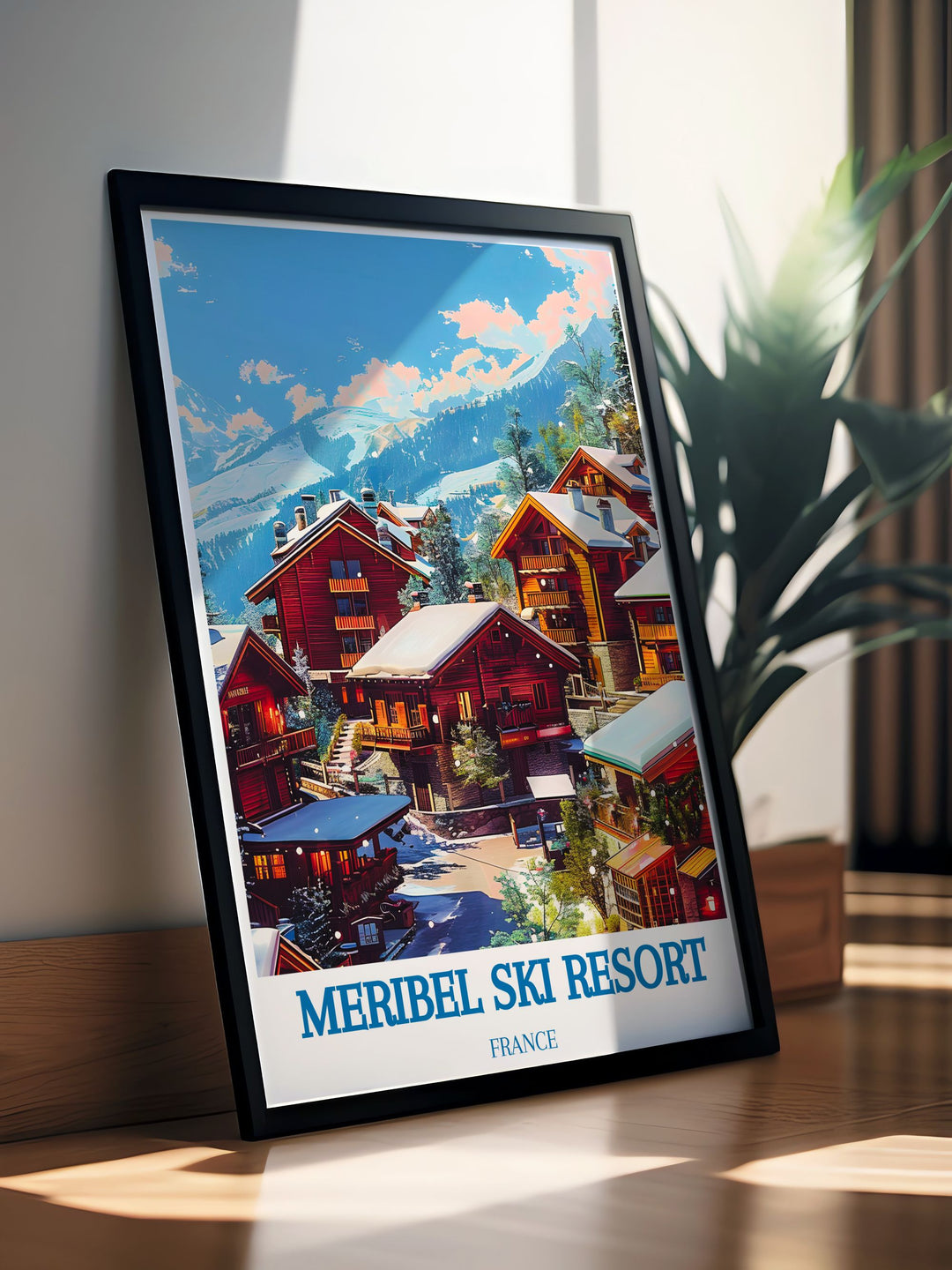 Meribel Village artwork with a retro skiing theme, highlighting the resorts snowy slopes and breathtaking mountain views. Ideal for creating a cozy winter atmosphere in any room.