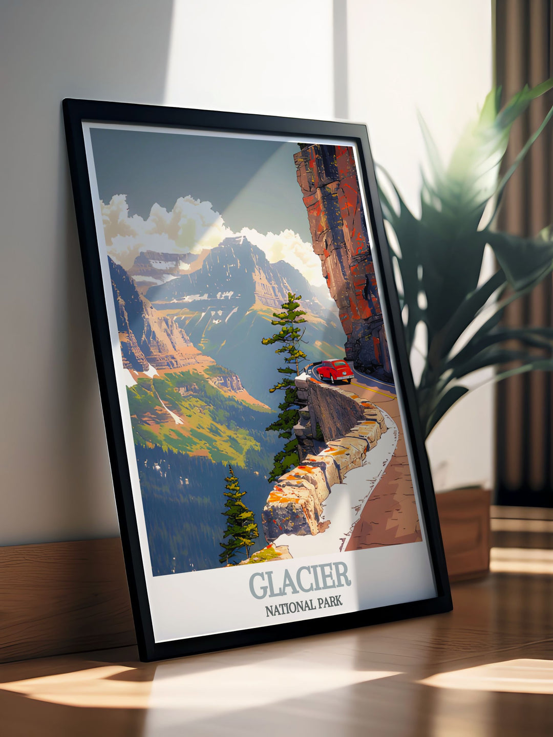 Canvas art depicting Glacier National Park, featuring the majestic mountains, clear blue skies, and diverse wildlife, making it a perfect piece for those who appreciate Americas natural beauty.