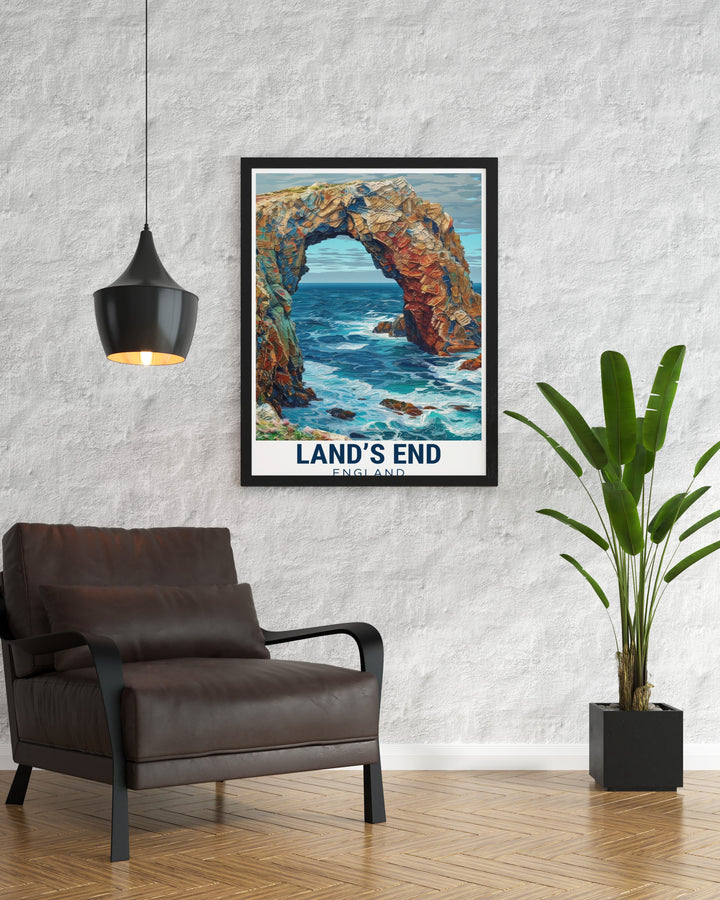 Enys Dodnan Arch modern prints showcase the iconic rock formation on Cornwalls coast. This elegant artwork brings the beauty of the Cornwall coastline to your home creating a peaceful and stylish atmosphere with its vibrant depiction of the arch and ocean.