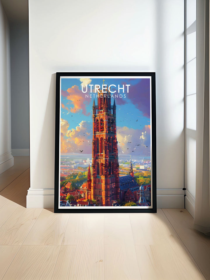 A detailed art print of Utrechts Dom Tower, showcasing its towering Gothic spire and rich history. Perfect for anyone who has visited the Netherlands or has a love for European architecture, this poster adds elegance to any space.