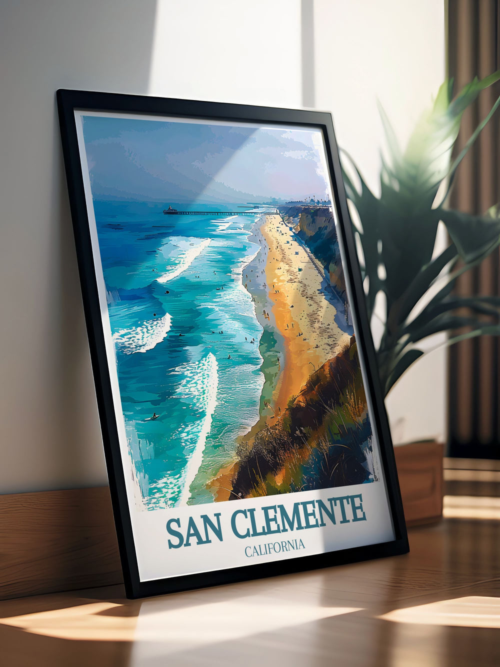 Colorful San Clemente Poster featuring a detailed street map and San Clemente train rail San Clemente pier. Ideal for those who love modern prints and stylish wall decor this artwork brightens any room.