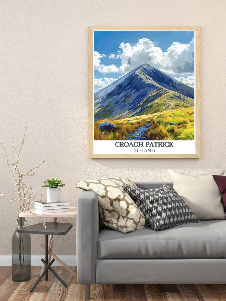 Add a touch of Irish charm to your home with this stunning artwork of Croagh Patrick Summit featuring the picturesque mountain and the revered Saint Patrick statue. This Ireland travel print is perfect for anyone who loves Irish culture and heritage.