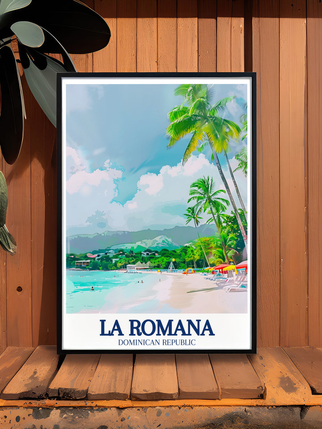 La Romana travel poster featuring the stunning Saona Island and the crystal clear waters of the Caribbean Sea. The perfect addition to your home or office, this vibrant print showcases the natural beauty of the Dominican Republics famous coastal landscapes.