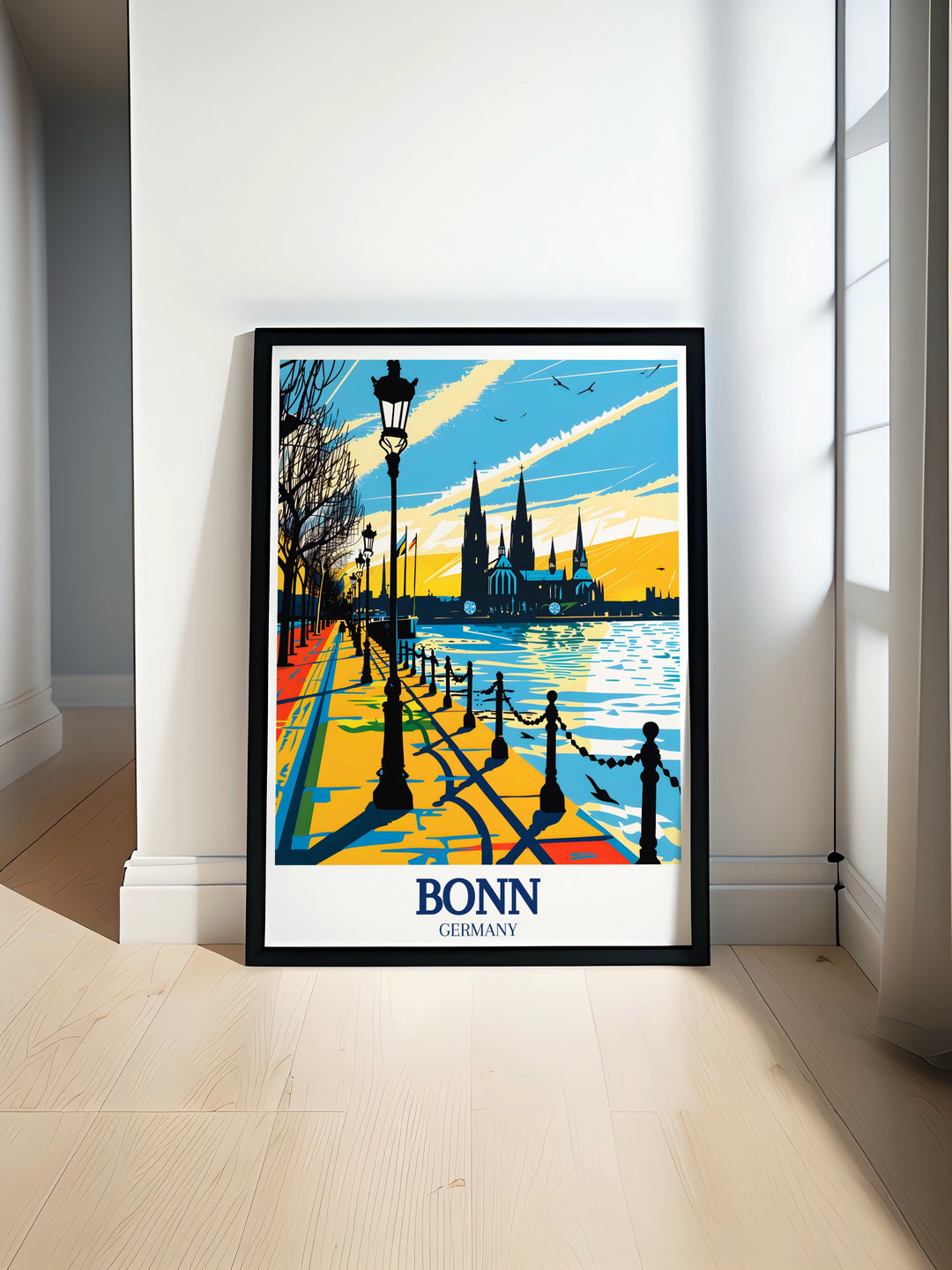 Immerse yourself in the peaceful ambiance of the Rhine River with this art print of Bonn. The detailed portrayal of the river and its surroundings offers a calming and reflective piece for your wall decor, perfect for bringing a touch of nature indoors