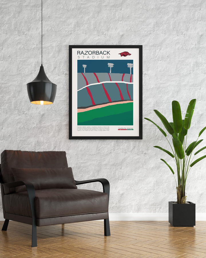 This Razorbacks art print captures the energy of game day at Razorback Stadium a perfect addition to any college dorm or man cave and an ideal gift for any Arkansas football fan celebrating the passion of Razorbacks football