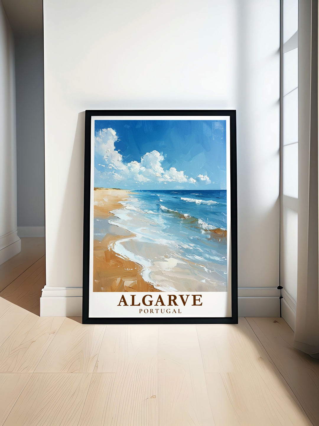 The iconic Algarve Beach is brought to life in this detailed travel poster, showcasing its vibrant colors and stunning landscapes, perfect for any room in need of a coastal vibe.