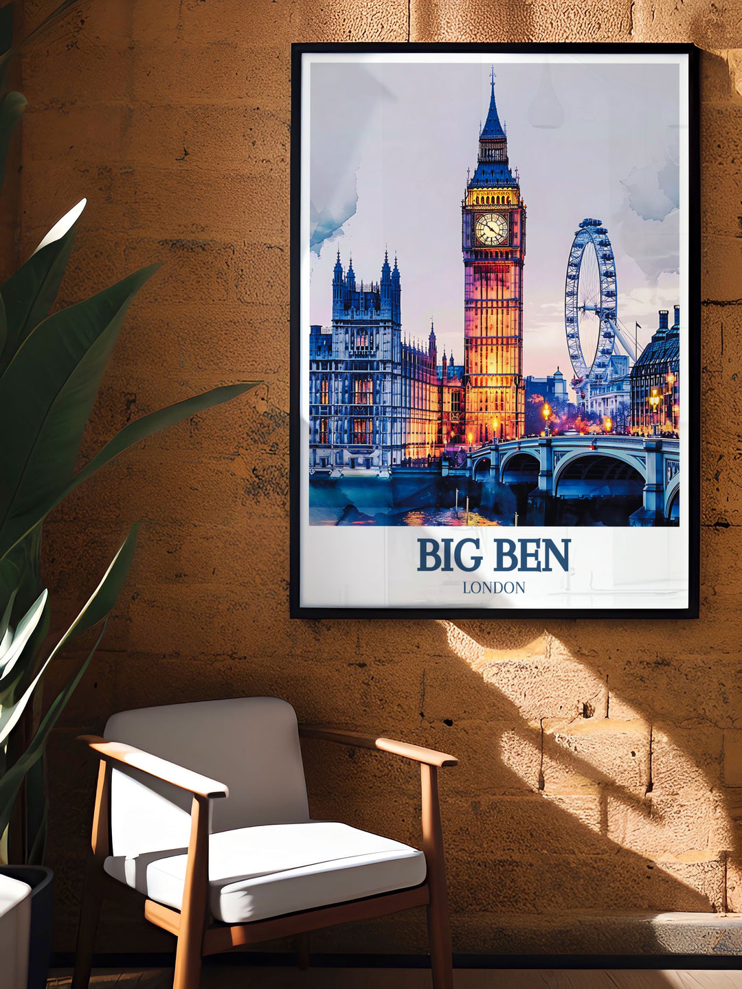 High quality print of Big Ben, the Houses of Parliament, and the London Eye in London, capturing the stunning landmarks and scenic views of this historic city. Ideal for art lovers who appreciate both architecture and nature.