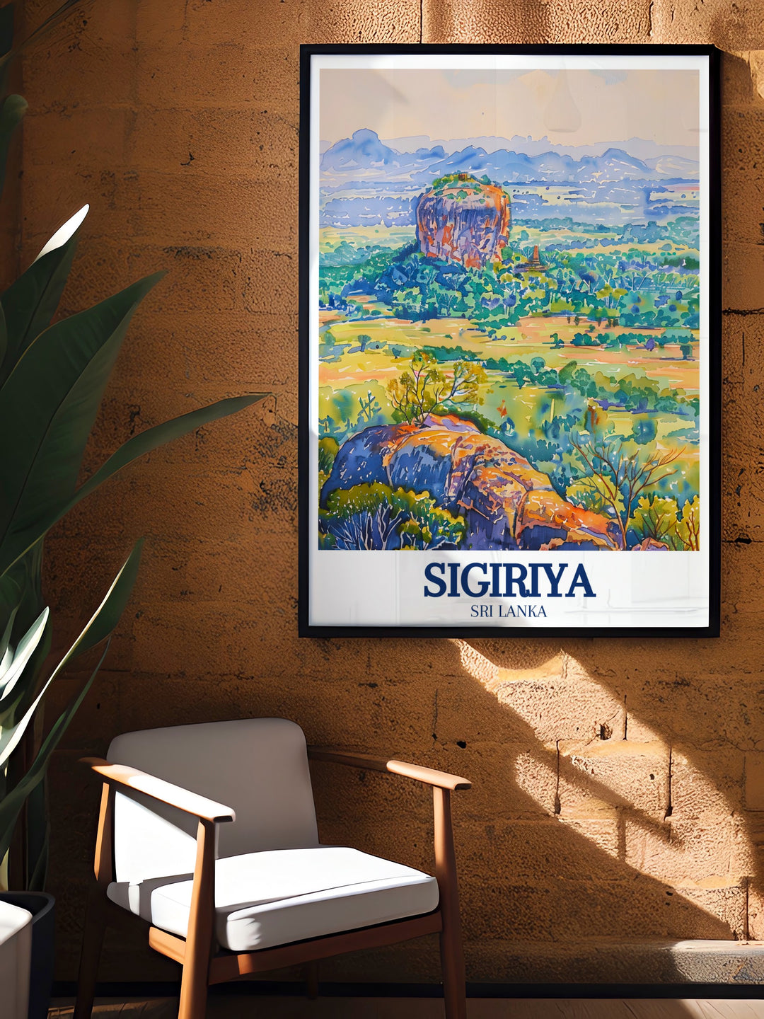 Poster print of Sigiriya, Sri Lanka, featuring the iconic Lions Rock, an ancient fortress rising majestically from the plains of the Central Province. This detailed artwork captures the grandeur of this UNESCO World Heritage site, making it a perfect addition to any travel inspired decor.