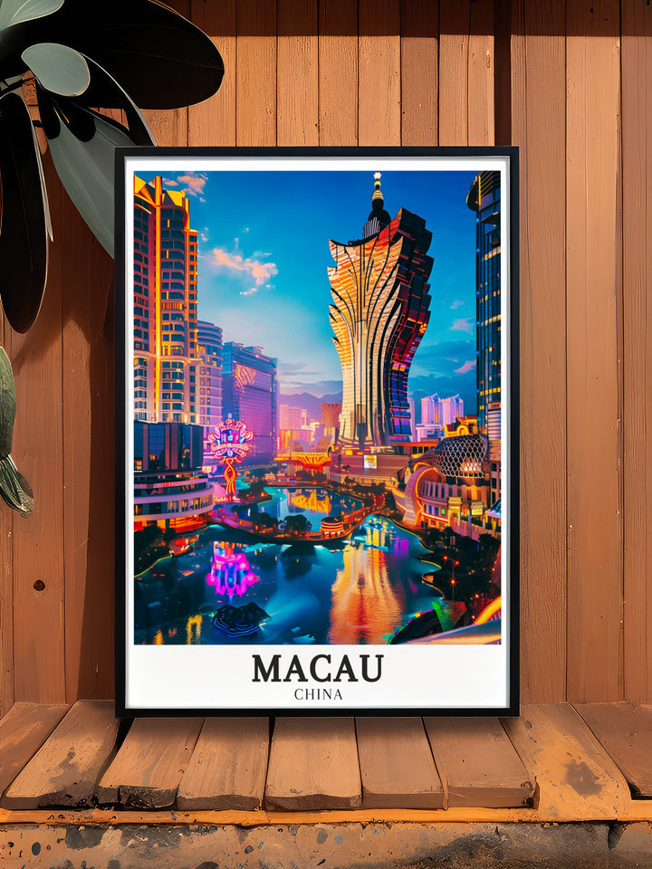 Macau Cotai Strip Casino Grand Lisboa are captured in stunning detail in this Macau Travel Poster Print An ideal choice for modern decor this print also makes for a thoughtful gift on special occasions like birthdays or anniversaries