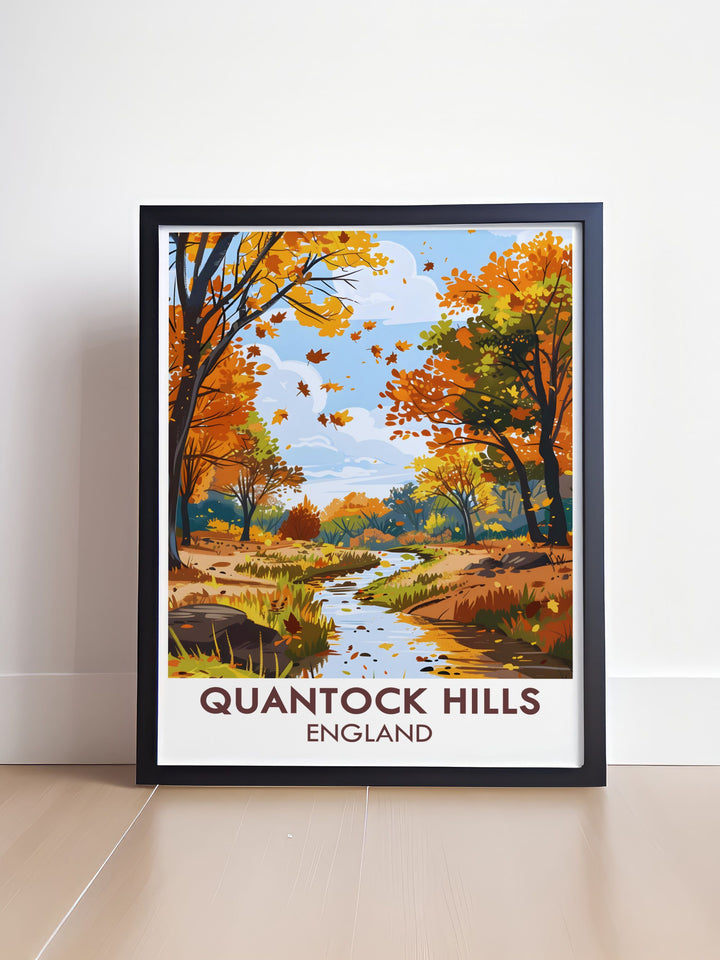 Holford Combe travel poster print highlighting the serene beauty of Quantock Hills AONB and Somerset AONB a perfect choice for those who love Somerset Travel Art and want to showcase the picturesque scenery of Vale Taunton Deane and Quantock Heath.