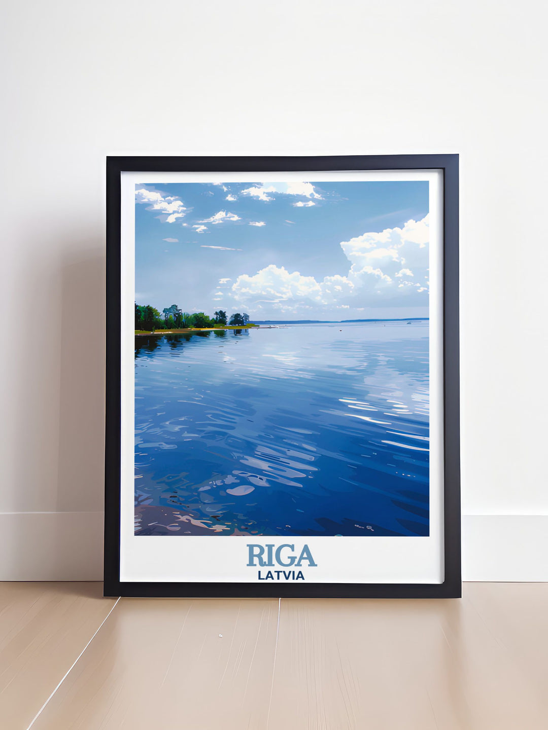 Latvias Lake Ķīšezers and Rigas skyline come together in this stunning travel print. The art captures the essence of Rigas peaceful lakeside, making it ideal for any wall in need of serene natural beauty.