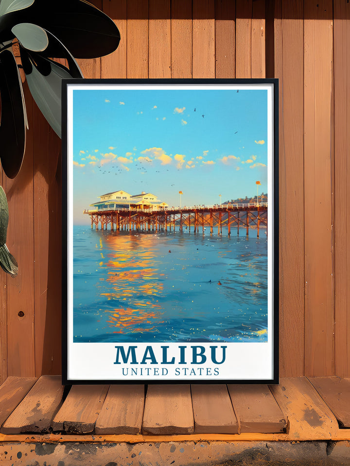 Celebrate the coastal beauty of Malibu with this detailed art print of Malibu Pier. Whether youve visited or simply dream of it, this travel poster brings the tranquility and vibrant colors of Malibu into your space.