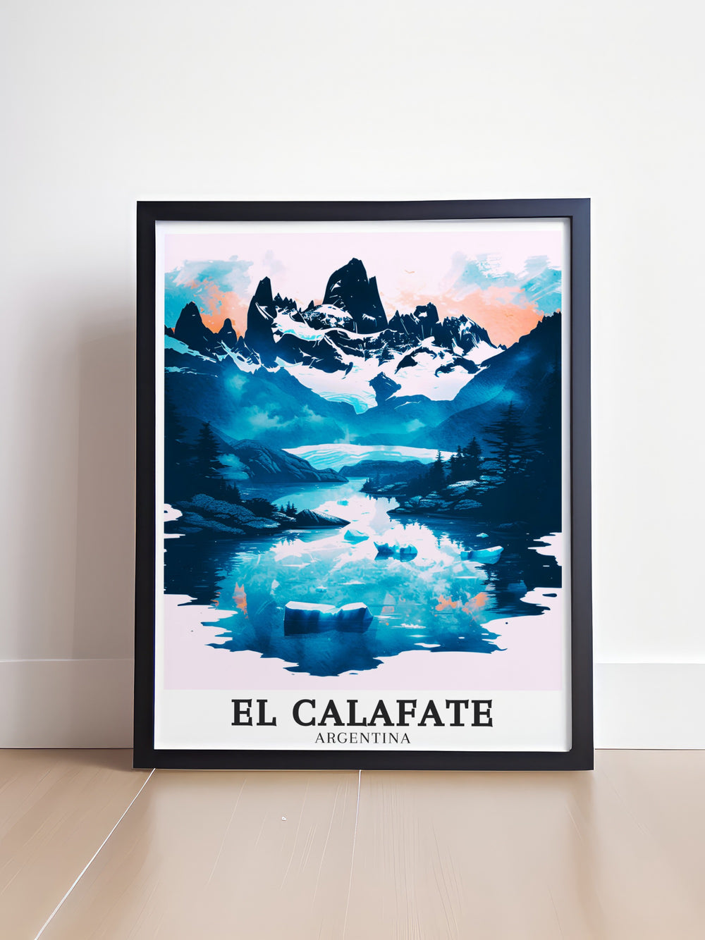 Bring Argentinas El Calafate into your home with this beautiful travel poster. Featuring Laguna de los Tres and El Chaltén, this print celebrates the awe inspiring beauty of Patagonia and is ideal for those looking to add a touch of natural wonder to their living space.