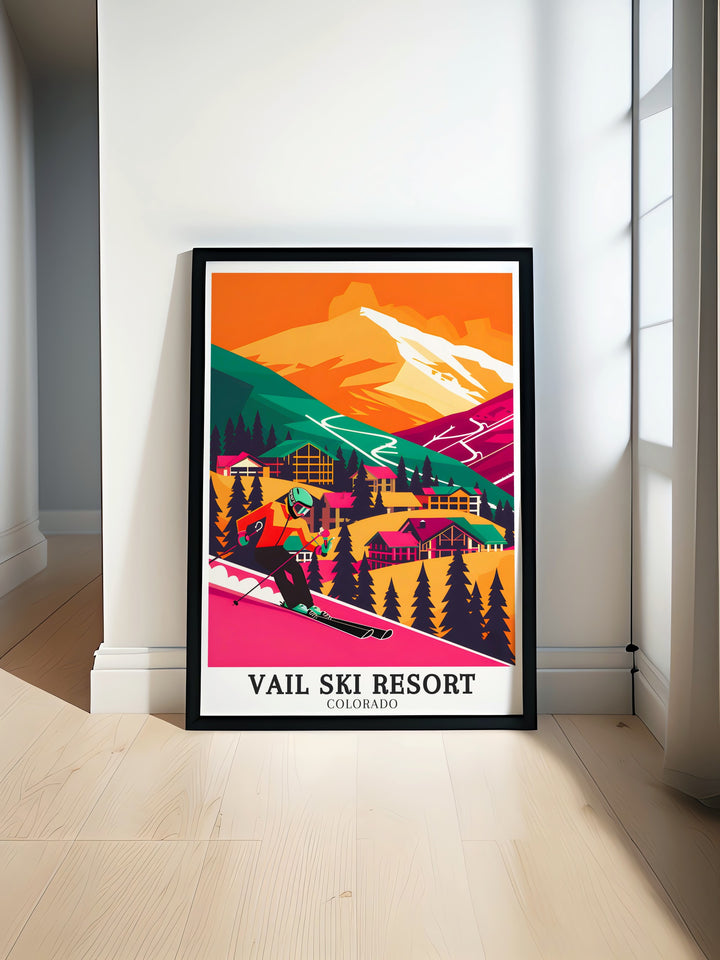 Bring a piece of Vail Ski Resorts iconic slopes into your space with this detailed poster print. Highlighting the Birds of Prey course and the popular Golden Peak Terrain Park, this artwork is perfect for winter sports fans and travel enthusiasts alike.