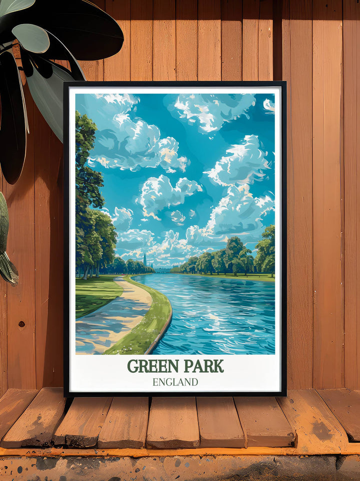 Stunning London travel poster featuring the iconic Princess of Wales Memorial Walk in Green Park London, capturing the essence of this historic pathway and making a timeless addition to any art collection.